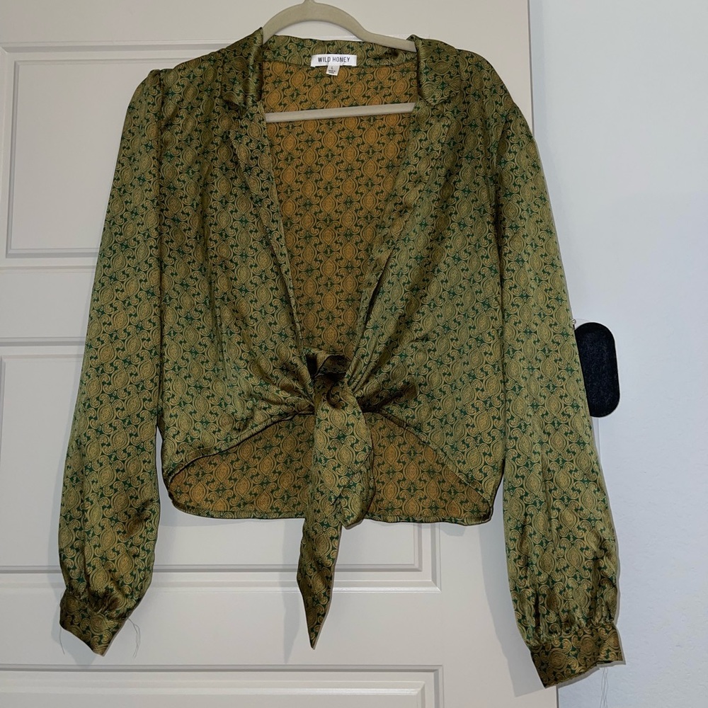 Front Tie Retro Green Silk Blouse